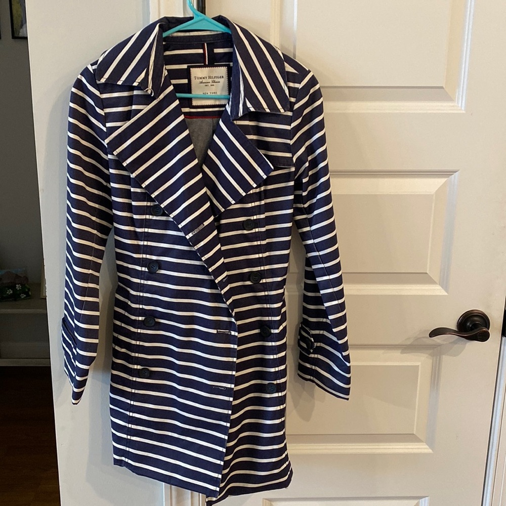 Women’s Tommy Hilfigure Navy and White Striped Belted Trench Rain Coat
